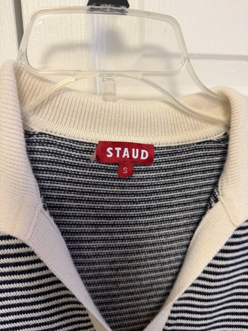 STAUD Black & White Striped Long-Sleeve Collared Knit Dress - Picture 2 of 3